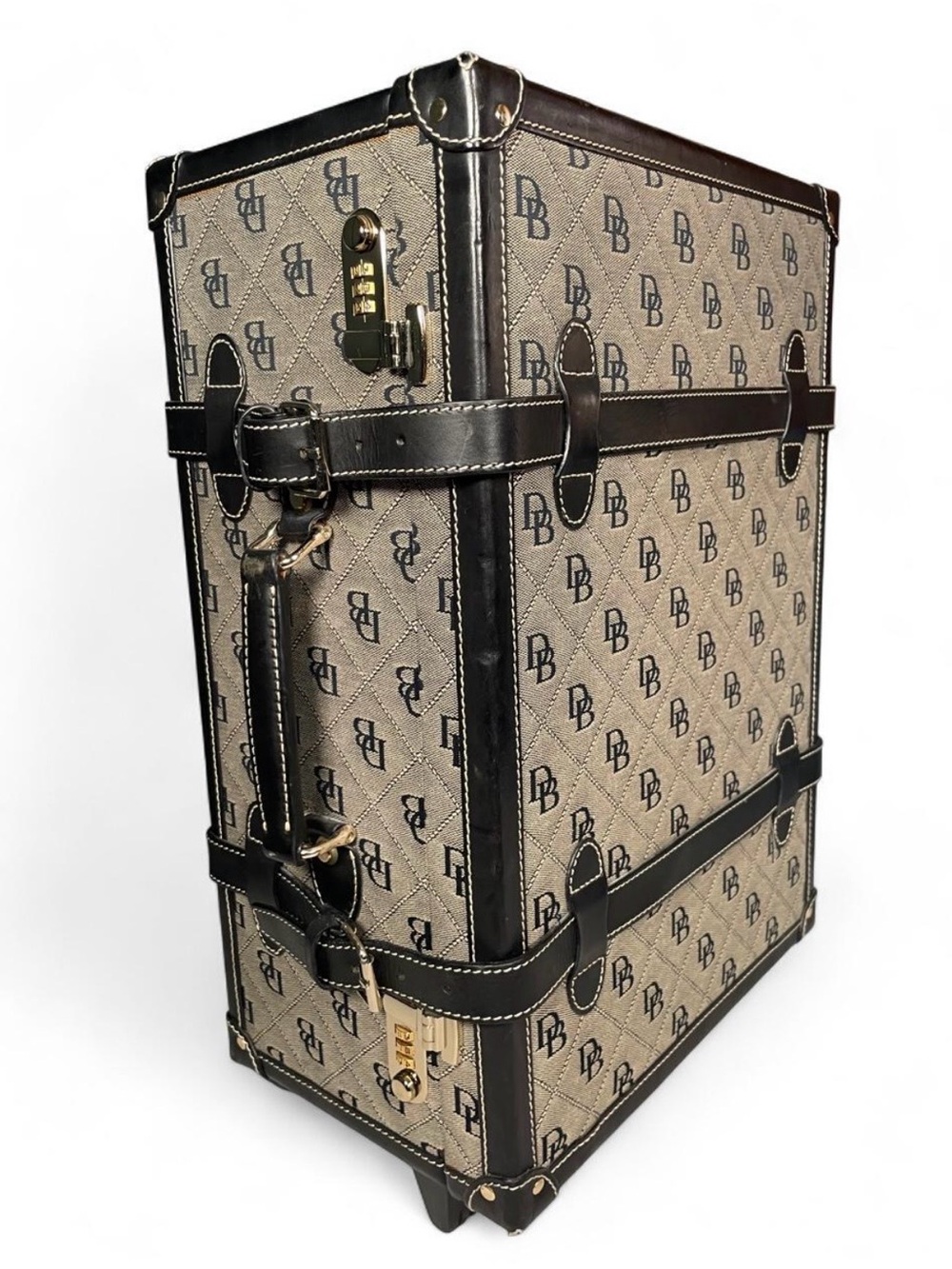 VTG Dooney & Bourke Monogram Canvas Rolling Steamer Trunk Suitcase Black Leather